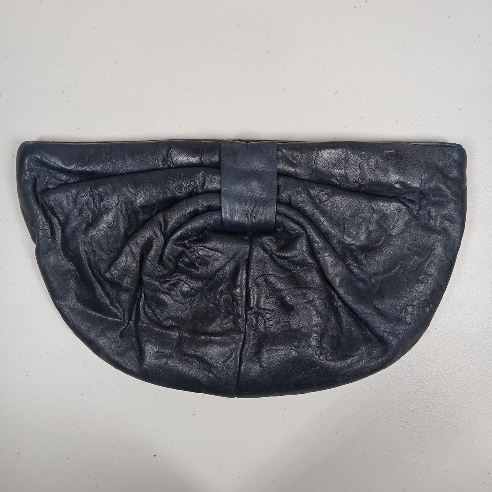 Letisse Vintage Navy Blue Embossed Leather Half Moon Bow Clutch Shoulder Bag